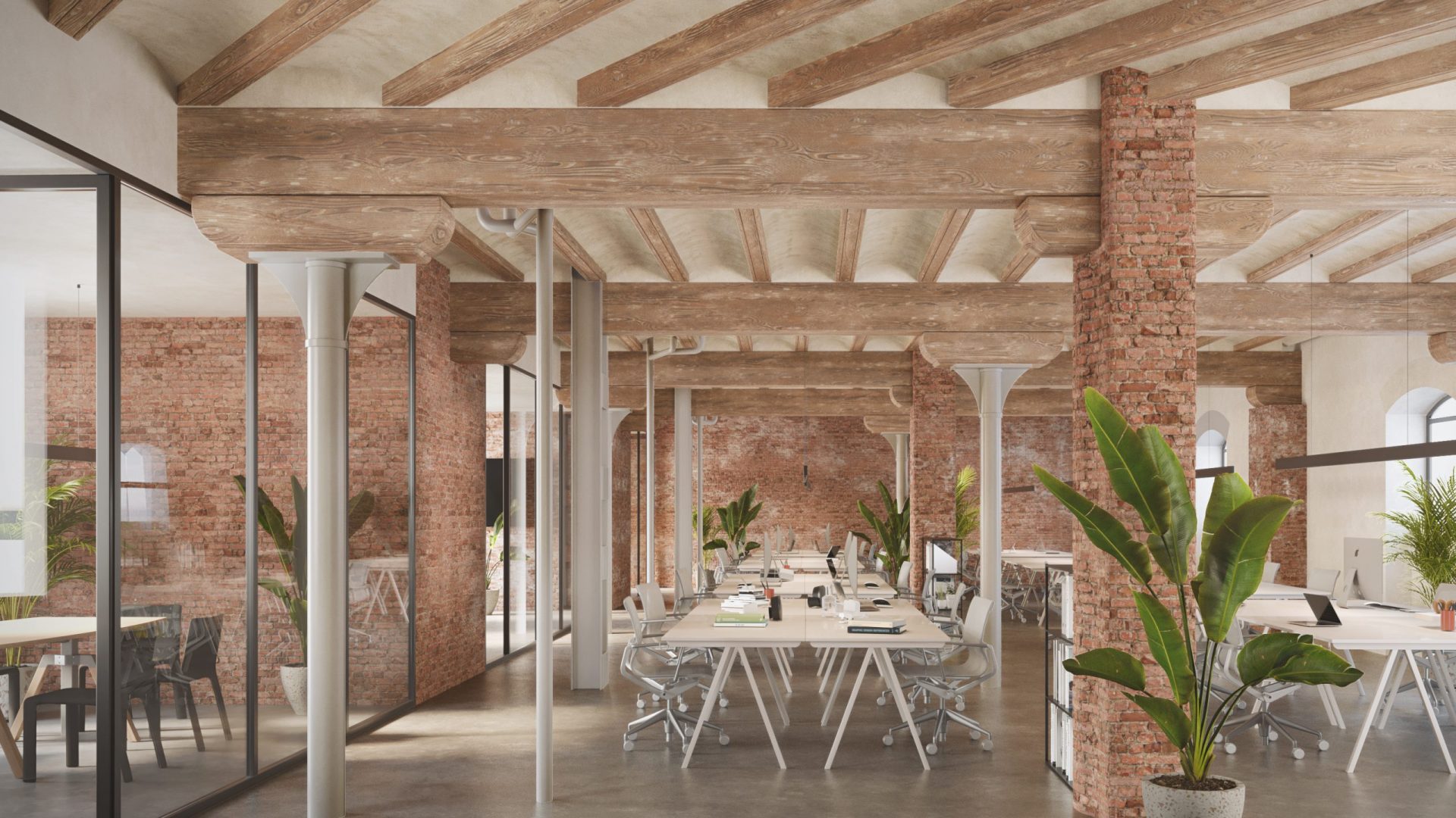 render of big office space with stone and wood details and a big table in the middle